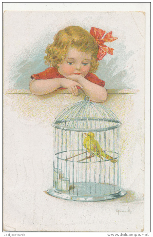 ELLY FRANK, LITTLE GIRL WITH CANARY BIRD IN CAGE, EX Cond. PC, Used 1925 - Frank, Elly