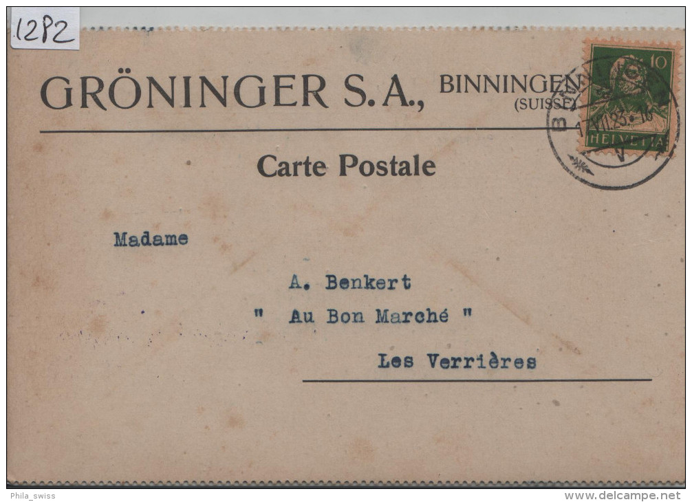 1923 Tell 153 - Carte Postale - Cachet: Binningen - Gröninger S.A. Aluminium & Metallwarenfabrik - Briefe U. Dokumente