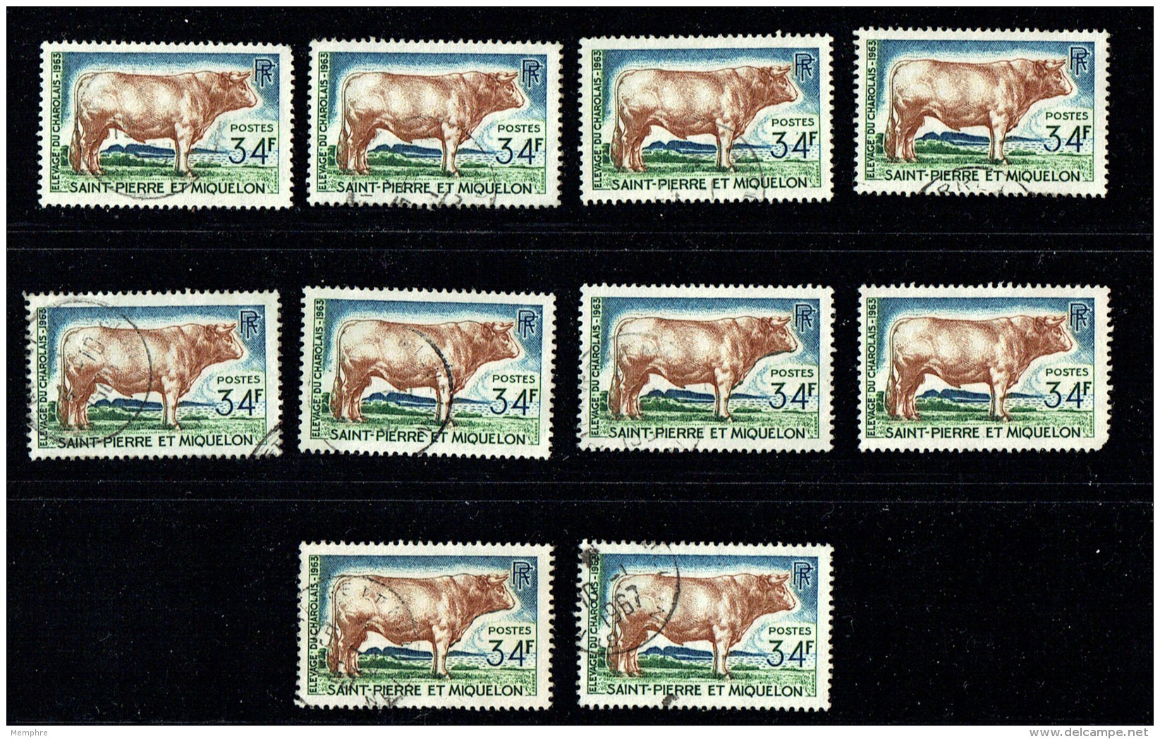 1964  Boeuf Charolais 34 Fr    Yv 375 - 10 Ex. Oblitérés - Used Stamps