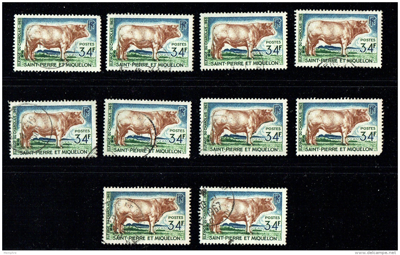 1964  Boeuf Charolais 34 Fr    Yv 375 - 10 Ex. Oblitérés - Usati