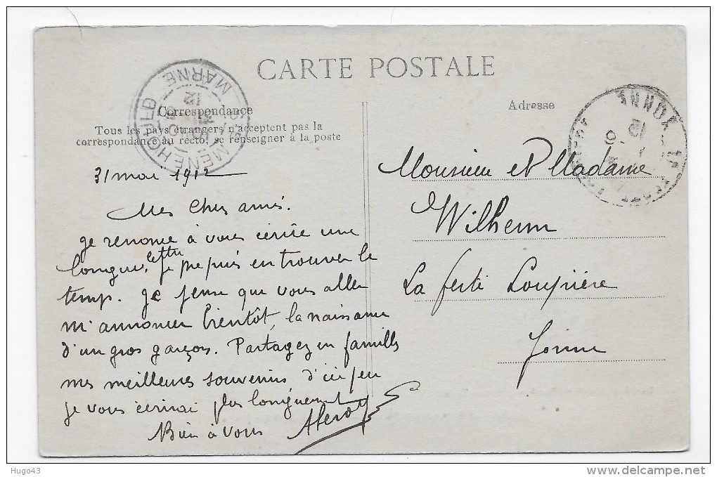 (RECTO / VERSO) STE MENEHOULD EN 1912 - L´ HOTEL DE VILLE - BEAU CACHET - CPA - Sainte-Menehould