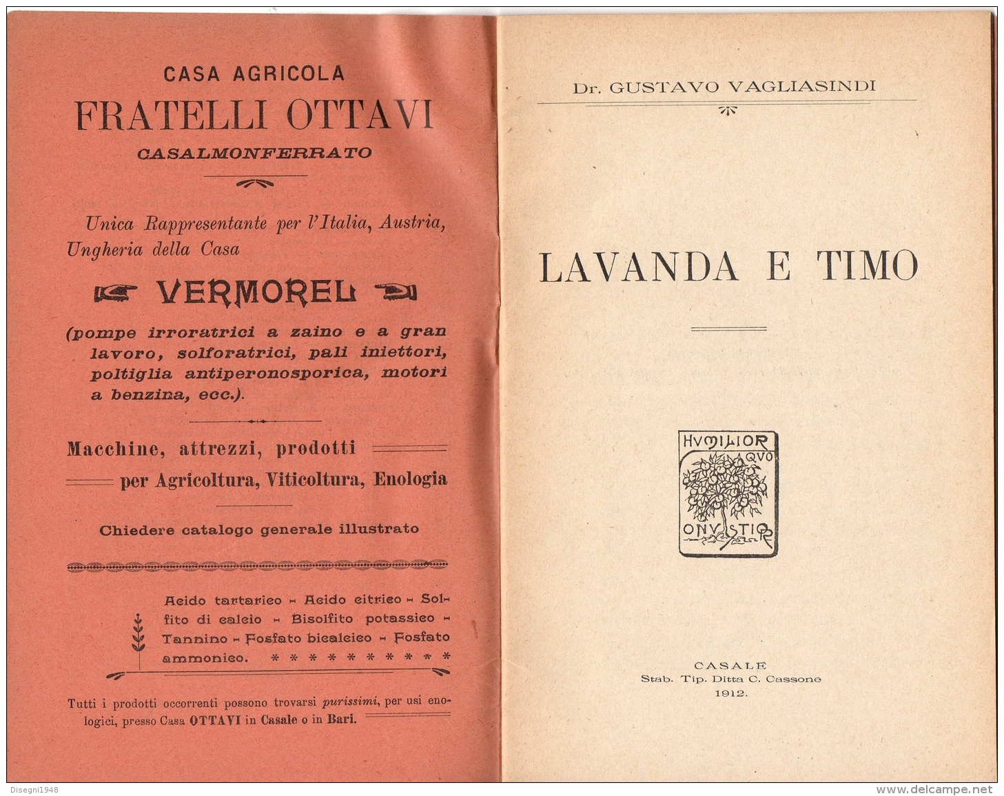 06108 "G. VAGLIASINDI - LAVANDA E TIMO -  CASA EDITRICE GFRATELLI OTTAVI - CASALE MONFERRATO - 1912" ORIGINALE - Autres & Non Classés