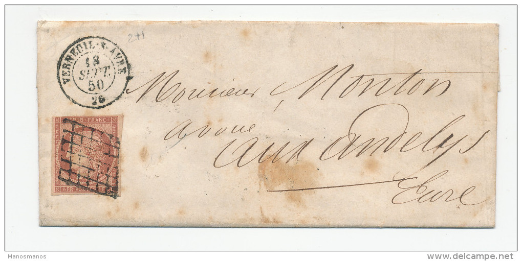 382DT -- Lettre TP Cérès 1 Franc ( Nuance Terne) Annulé Grille - VERNEUIL Sur AVRE 1850 Vers LES ANDELYS - 1849-1850 Cérès