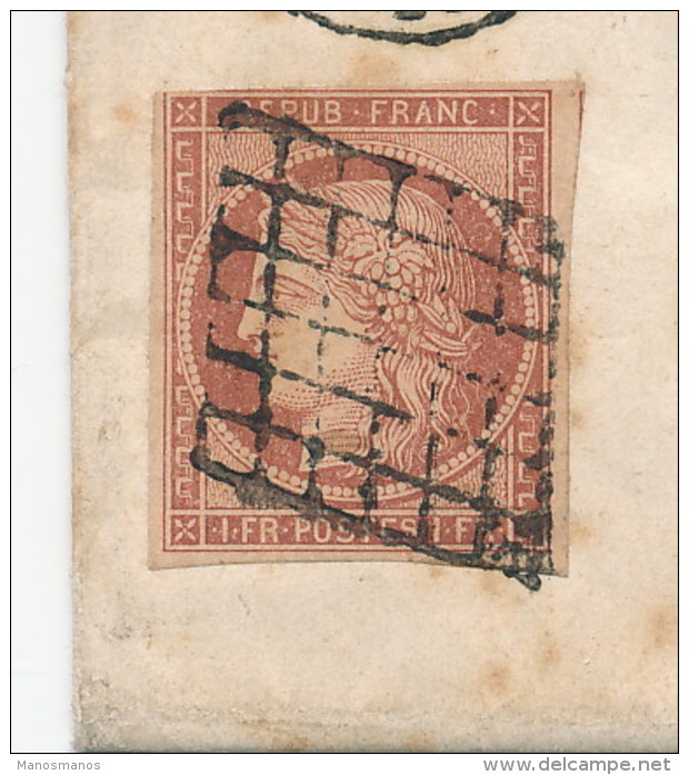 382DT -- Lettre TP Cérès 1 Franc ( Nuance Terne) Annulé Grille - VERNEUIL Sur AVRE 1850 Vers LES ANDELYS - 1849-1850 Ceres