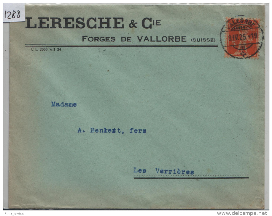 1925 Tellknabe 152 - Cachet: Vallorbe Nach Verrieres - Leresche & Cie Forges De Vallorbe (Suisse) - Lettres & Documents