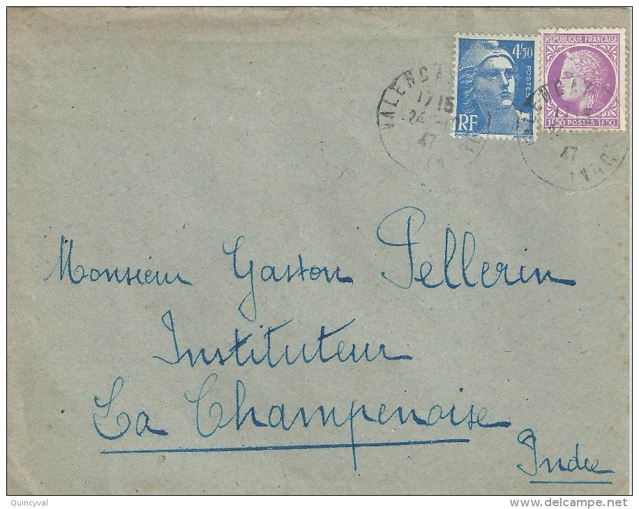 3537 VALENCAY Indre Gandon 4,50 F Bleu Mazelin 1,50 F Lilas Yv 679 718A Ob 1947 - Lettres & Documents