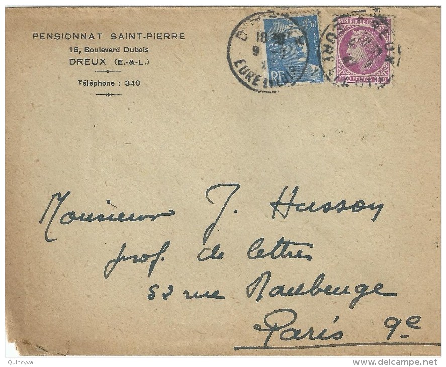 3538 DREUX Eure Et Loire Lettre Entête Pensionnat St Pierre Gandon 4,50 F Bleu Mazelin 1,50 F Lilas Yv 679 718A Ob 1947 - Covers & Documents