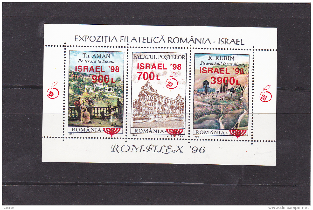 #123     JEWISH, PHILATELIC EXPOSITION ROMANIA-ISRAEL, OVERPRINT,  BLOCK, MNH**, 1998 , ROMANIA. - Blocs-feuillets