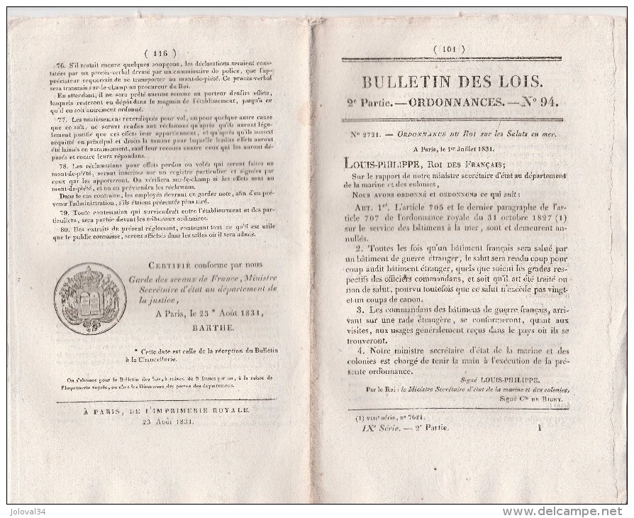 Bulletin Des Lois N° 94  - 1831  Saluts En Mer, Exportation Gomme Au Sénégal, Mont De Piété Brignoles - Décrets & Lois