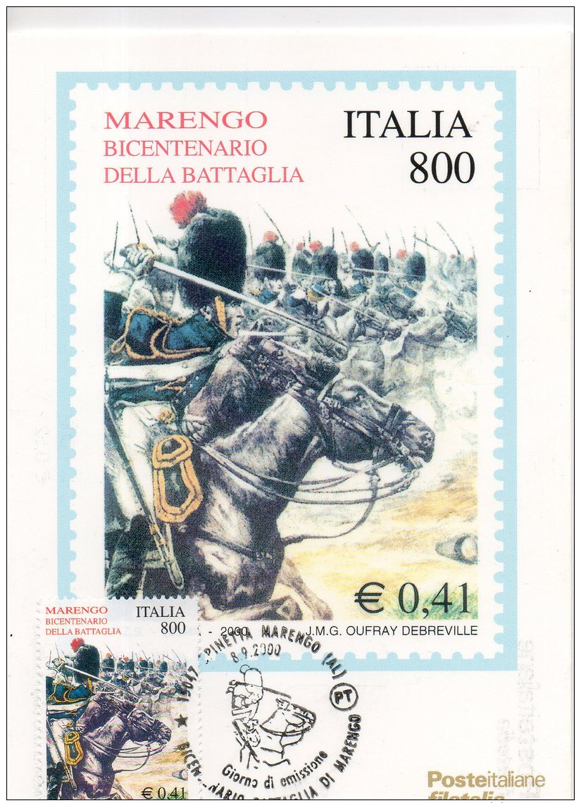 ITALIA 2000 - Cartolina Maximum  BICENTENARIO BATTAGLIA DI MARENGO, Con Annullo Speciale FDC. - Cartes-Maximum (CM)