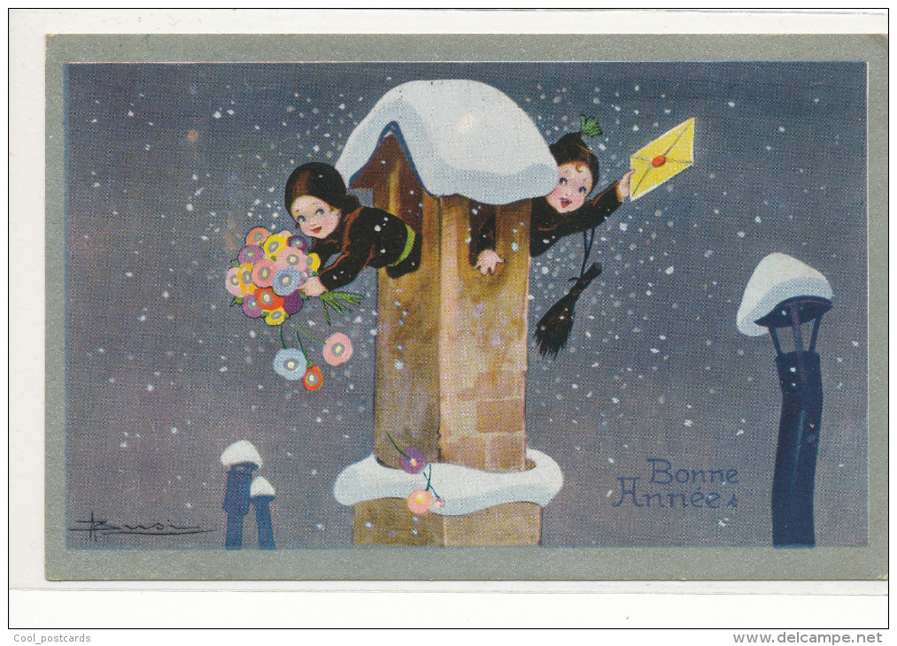 ALFREDO BUSI, ART DECO, NEW YEAR, CHILDREN, CHIMNEY SWEEP, FLOWERS, EX Cond. PC Used 1920s - Busi, Adolfo