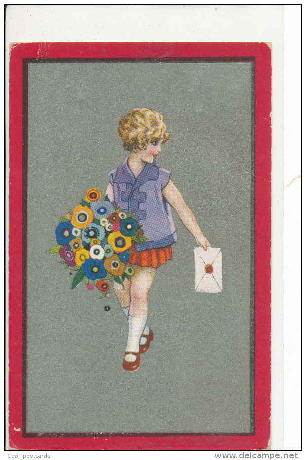 ALFREDO BUSI, ART DECO, CHILDREN, LITTLE GIRL WIT FLOWERS & LETTER, EX Cond. GOLDPRINT PC Used 1929 - Busi, Adolfo