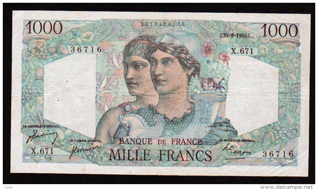 FRANCE: 1000F MINERVE ET HERCULE.n° 41- 33. Date 29/06/1950 Dernière Date "RR" - 1 000 F 1945-1950 ''Minerve Et Hercule''