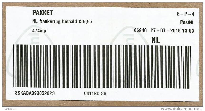 Netherlands Nederland 2016 Pakket Post Office Meter Franking Barcoded Label Domestic Parcel Almost 5 Kg - Frankeermachines (EMA)