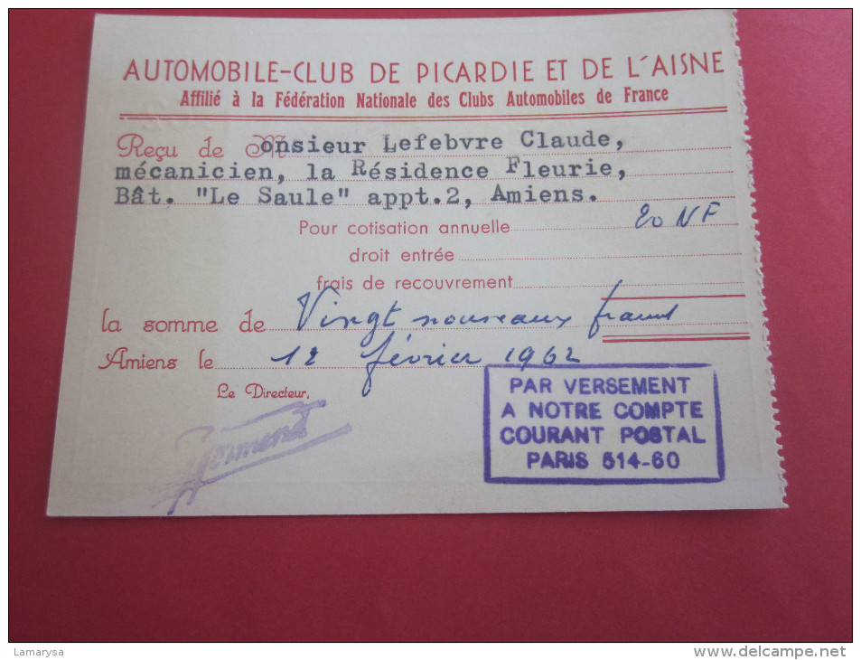 1962 CARTE DE SOCIETAIRE AUTOMOBILE-CLUB DE PICARDIE ET DE L'AISNE VOITURE TRANSPORT - Andere & Zonder Classificatie