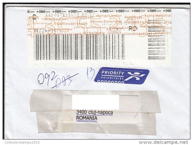 46251- BARCODE STICKER STAMPS ON REGISTERED COVER, 2012, NETHERLANDS - Lettres & Documents
