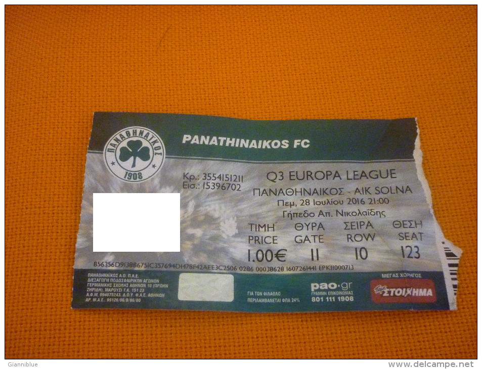 Panathinaikos-AIK Solna UEFA Europa League Q3 Football Match Ticket Stub 28/7/2016 (hologram) - Tickets D'entrée