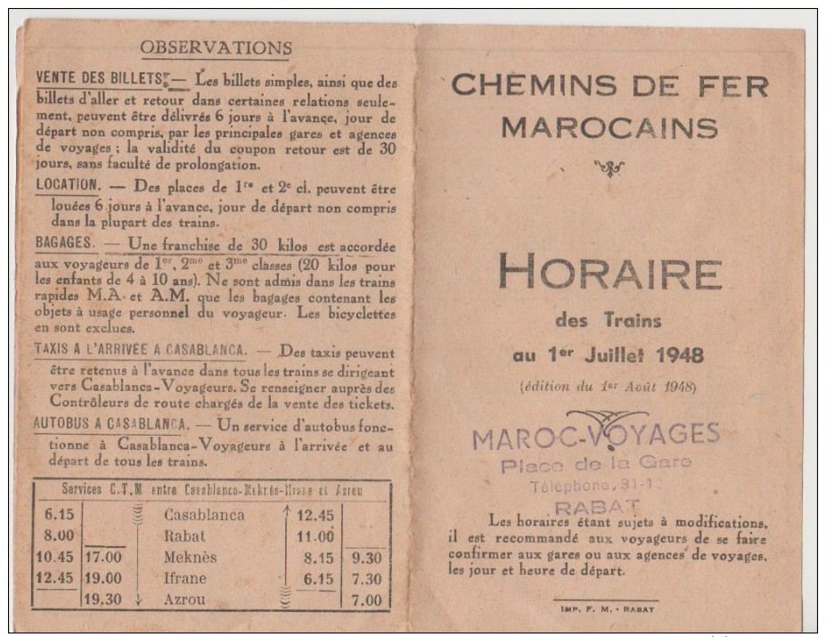 Chemins De Fer Marocain - Horaire Des Trains 1er Juillet 1948 - - Monde