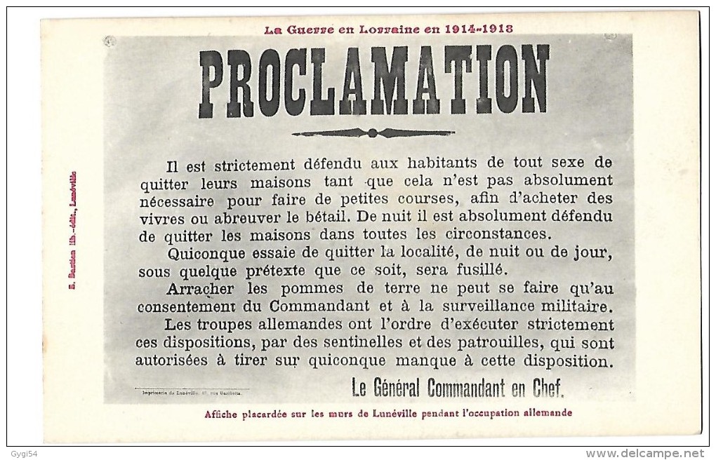 MILITARIA Lunéville  PROCLAMATION   Du Général Allemand Guerre 1914 - 1918 - Luneville