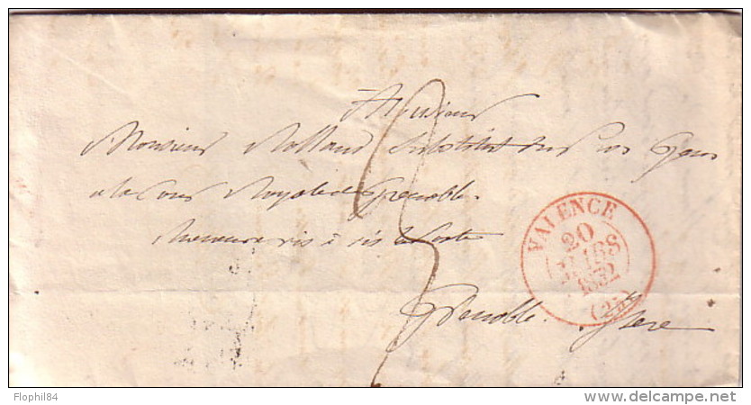 DROME - VALENCE - LE 20 MARS 1832 - T13 EN ROUGE - LETTRE AVEC TEXTE POUR GRENOBLE. - 1801-1848: Précurseurs XIX