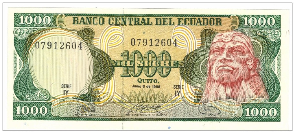 Ecuador, 1000 Sucres, 1988, UNC.  Free Ship. To USA. - Ecuador