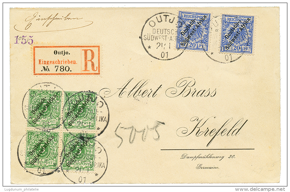 OUTJO : 1901 5pf Block Of 4 + 20pf(x2) Canc. OUTJO On REGISTERED Envelope To GERMANY. Vvf. - Usati