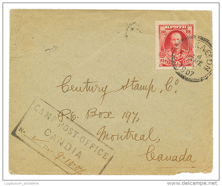 CRETE - BRITISH ADMINISTRATION : 1907 10l + Boxed CAMP POST OFFICE CANDIA On Cover To CANADA. Vf. - Water Polo