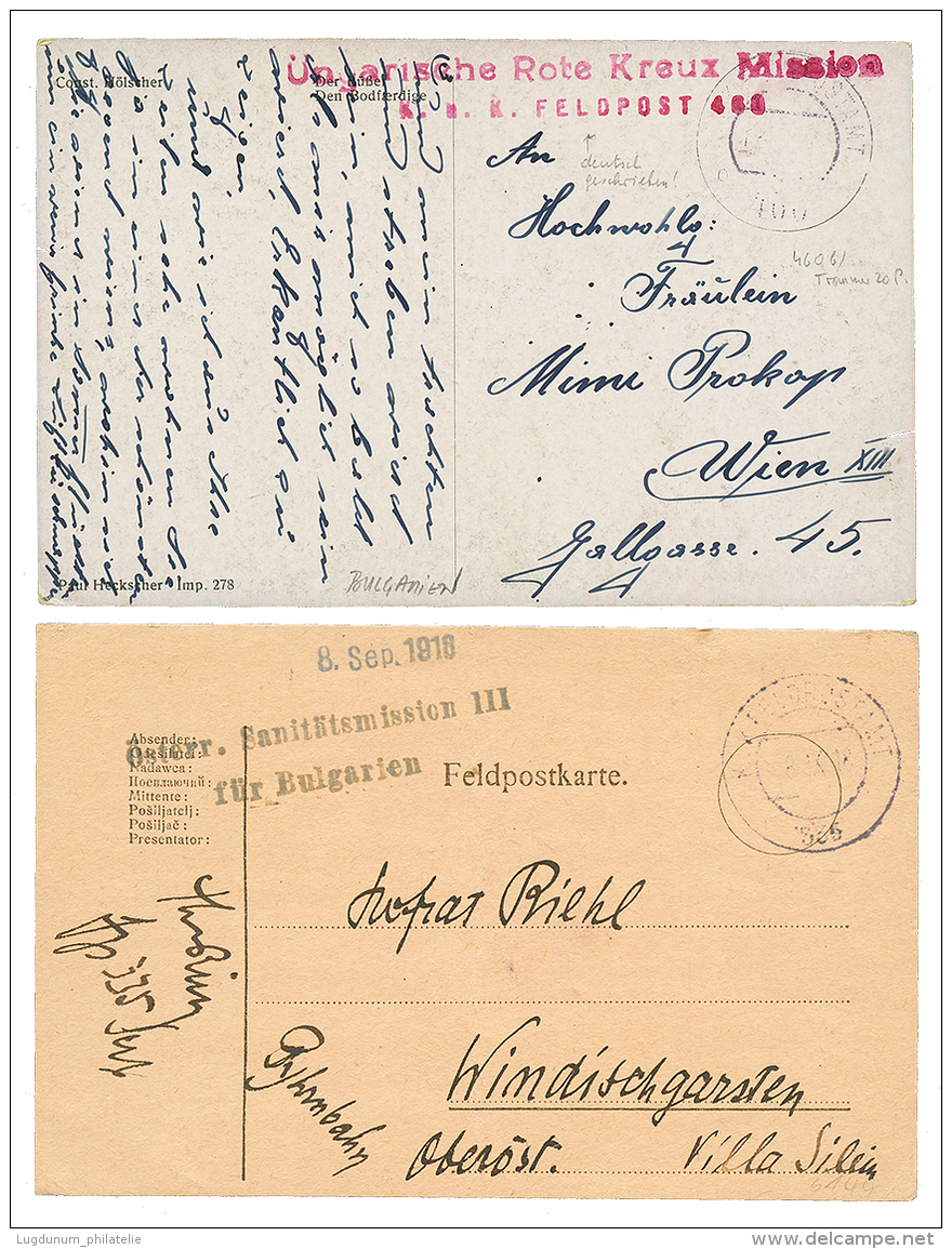 RED CROSS : 1918 2 Cards With OSTER SANITATSMISSION III FUR BULGARIEN And UNGARISHE ROTE KREUZ MISSION / KuK FELDPOST 40 - Usati