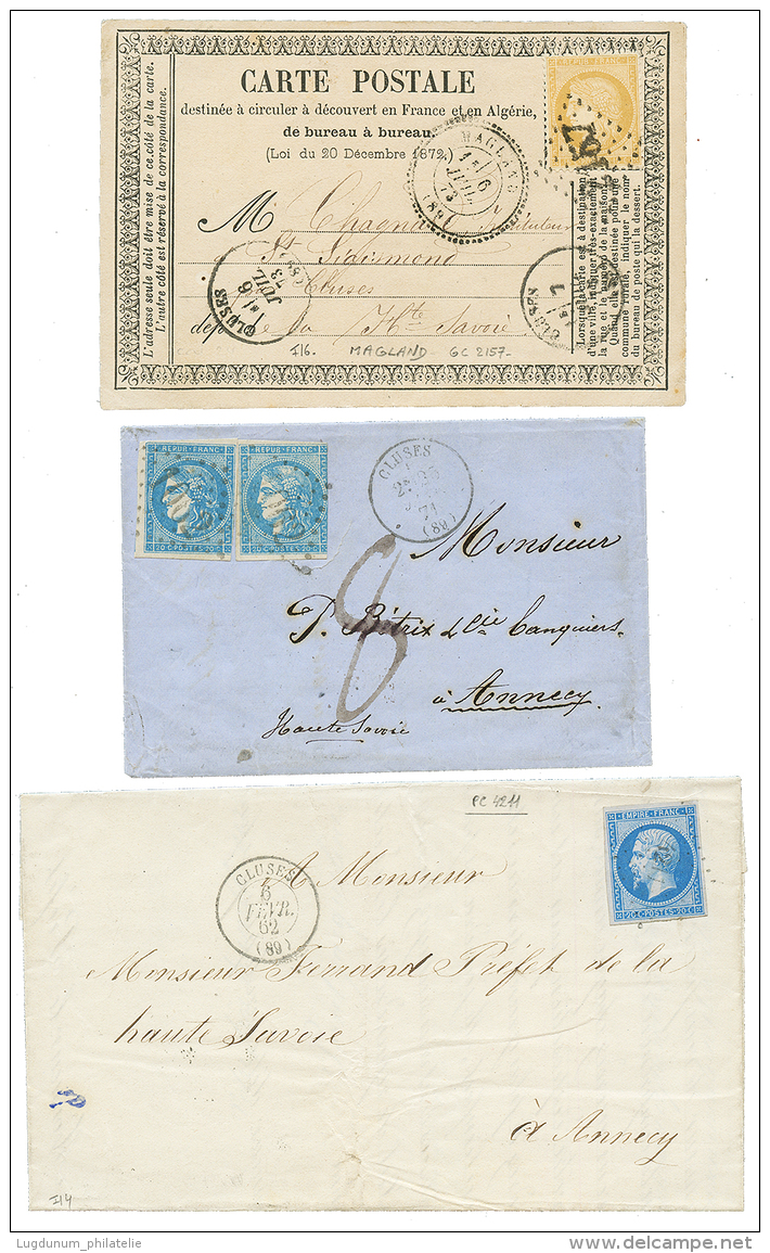 SAVOIE : 3 Lettres 20c BORDEAUX + Taxe 8 + T.16 CLUSES, PC 4211 CLUSES , GC 2157 MAGLAND. TTB. - Altri & Non Classificati