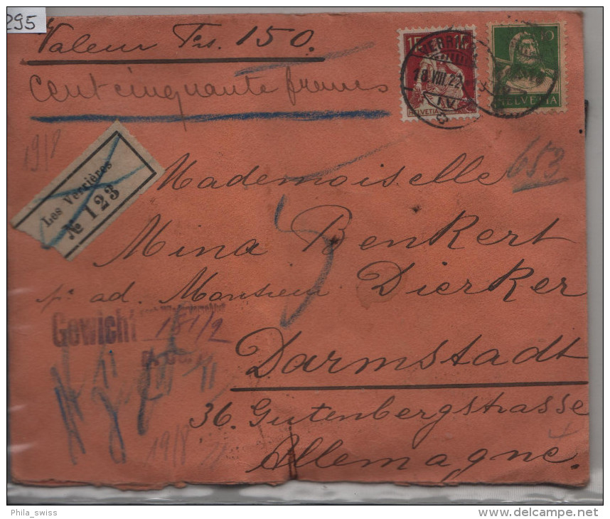 1922 Helvetia 115 - Wertbrief Nach Darmstadt Via Freiburg Im Breisgau - Cachet: Verrieres - Lettres & Documents