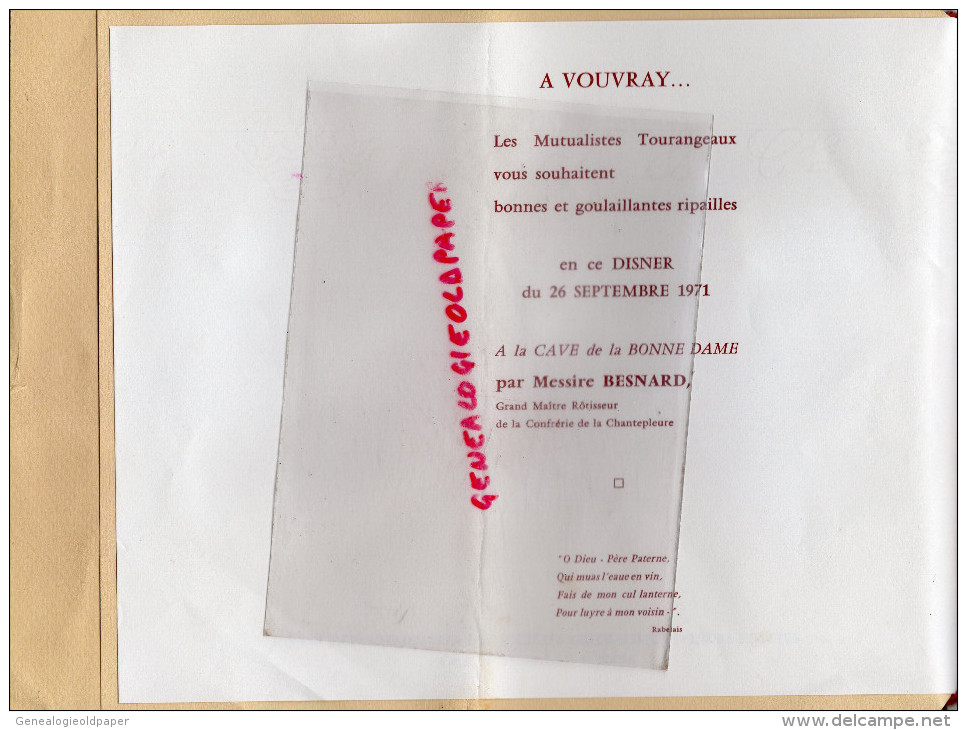 37 - TOURS - MENU JOURNEES ETUDES UNOMP-1971- CHENONCEAUX- SOCIETES MUTUALISTES- VOUVRAY-MESSIRE BESNARD - Menükarten