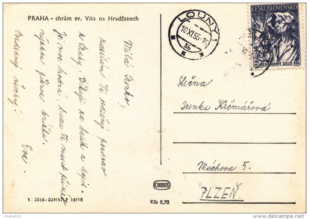 K8414 - Czechoslovakia (1955) Louny 1 (stamp: Trade Union Congress - Metallurgist) Tariff: 0,30 CSK (postcard: Prague) - Sonstige & Ohne Zuordnung