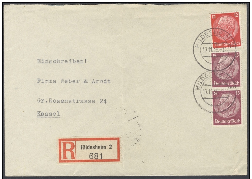B690 DR Beleg Nachnahme Hildesheim 1939 Mit MEF Hindenburg Mi. 519 Paar 520 Portogerecht N. Kassel - Briefe U. Dokumente