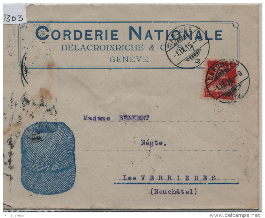 1915 Tell 126II - Cachet: Carouge Nach Verrieres - Illust. Corderie Nationale De La Croixriche & Cie. Geneve - Storia Postale