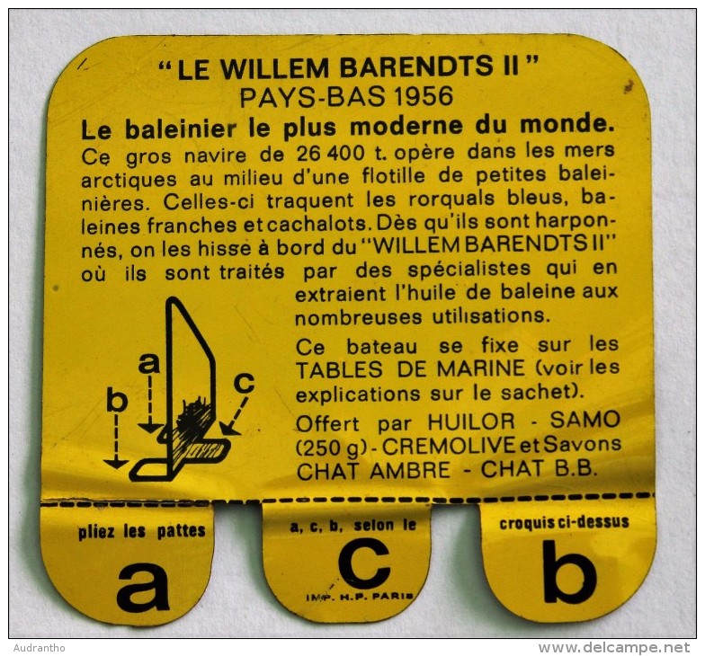 Plaque Métal Huilor Baleinier WILLEM BARENDTS II 1956 Table De Marine Pays Bas - Sonstige & Ohne Zuordnung