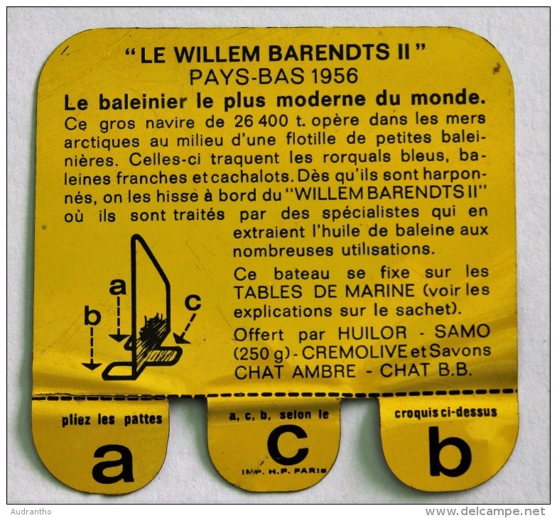 Plaque Métal Huilor Baleinier WILLEM BARENDTS II 1956 Table De Marine Pays Bas - Autres & Non Classés