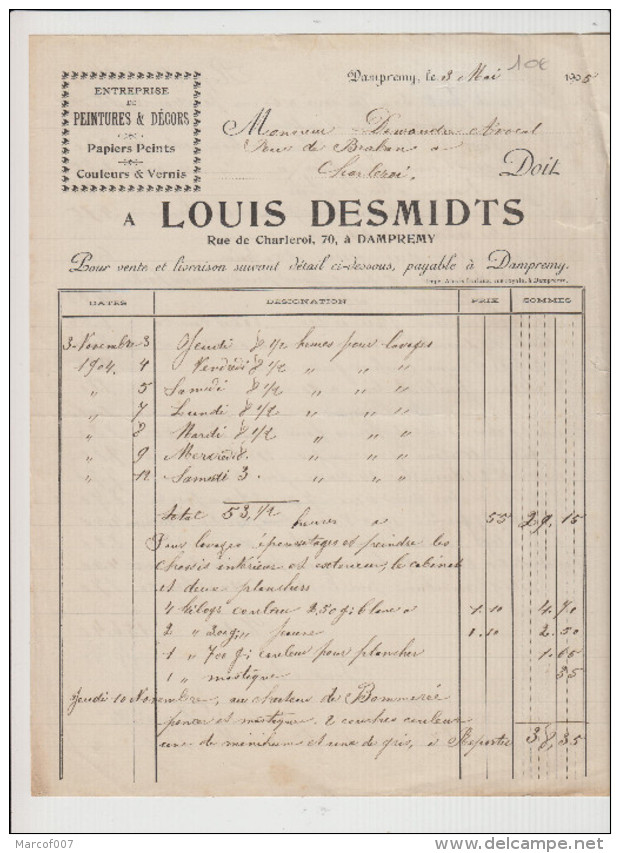 DAMPREMY - LOUIS DESMIDTS - PEINTURES/DECO FACTURE - 1905 - Artigianato