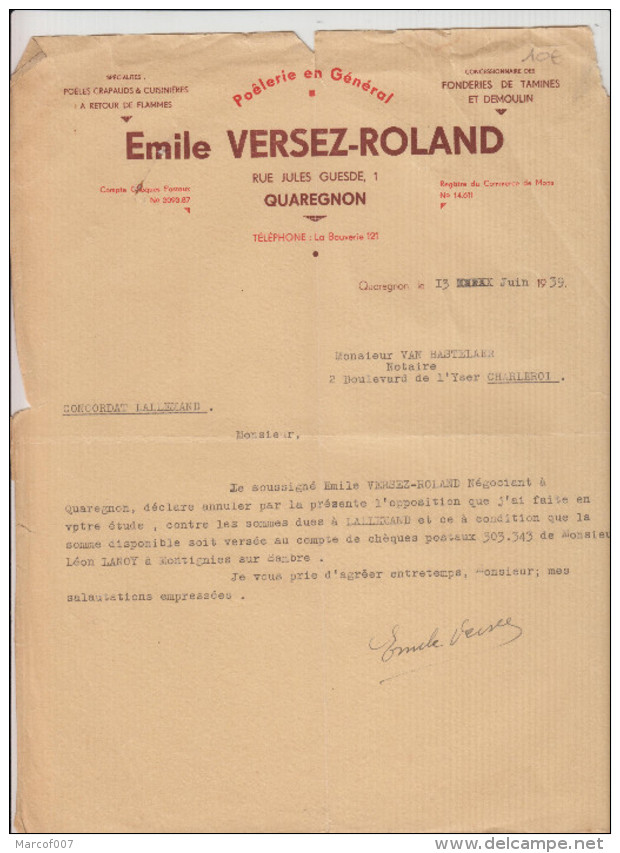 MONS - EMILE VERSEZ ROLAND - POELERIE EN GENERAL - 1939 - Petits Métiers