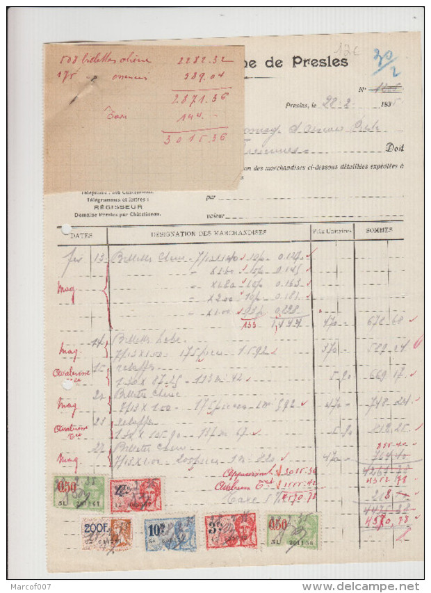 PRESLES - REGIE DU DOMAINE DE PRESLES - FACTURE BOIS DU PAYS - 1935 - Artigianato