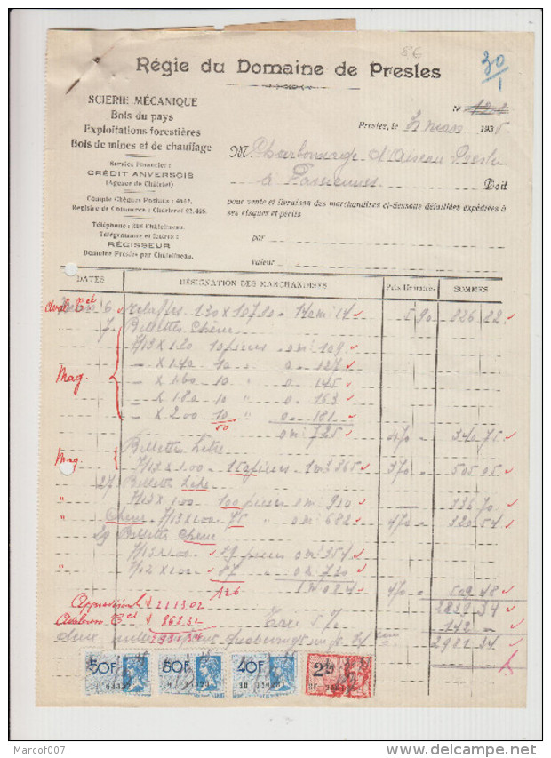 PRESLES - SCIERIE MECANIQUE - DOMAINE DE PRESLES - 1935 - Artigianato