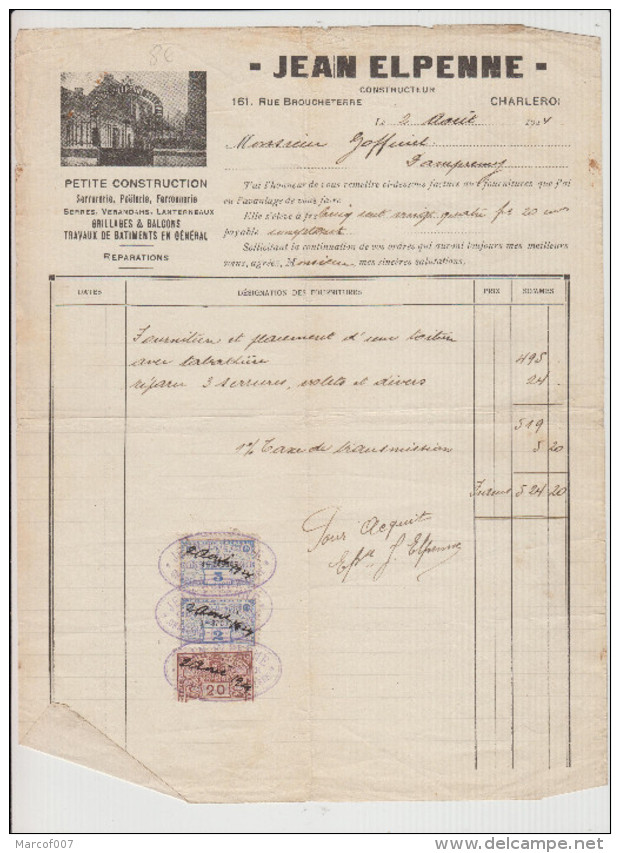 DAMPREMY - JEAN ELPENNE - PETITE CONSTRUCTION FACTURE - 1924 - Artigianato