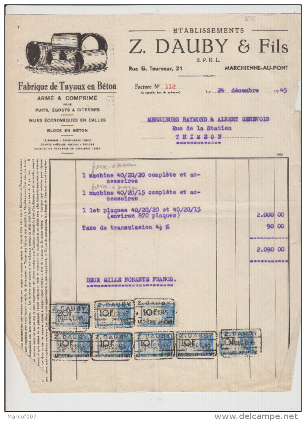 MARCHIENNE AU PONT - Z. DAUBY/FILS - FABRIQUE TUYAUX EN BETON - FACTURE- 1945 - Petits Métiers