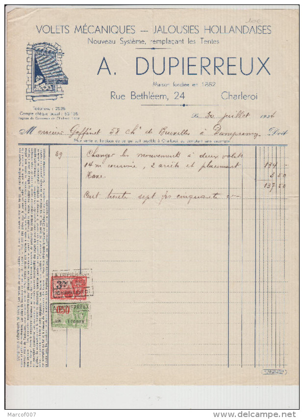 CHARLEROI - A.DUPIERREUX - FABRIQUE DE VOLETS- FACTURE - 1934 - Petits Métiers