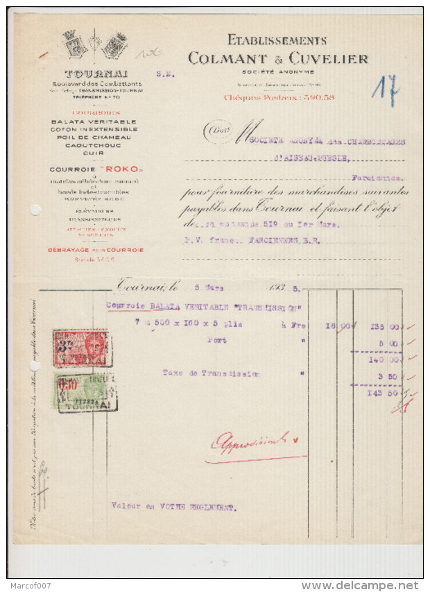 TOURNAIS - COLMANT / CUVELIER - COURROIS "ROKO" - 1935 - Petits Métiers
