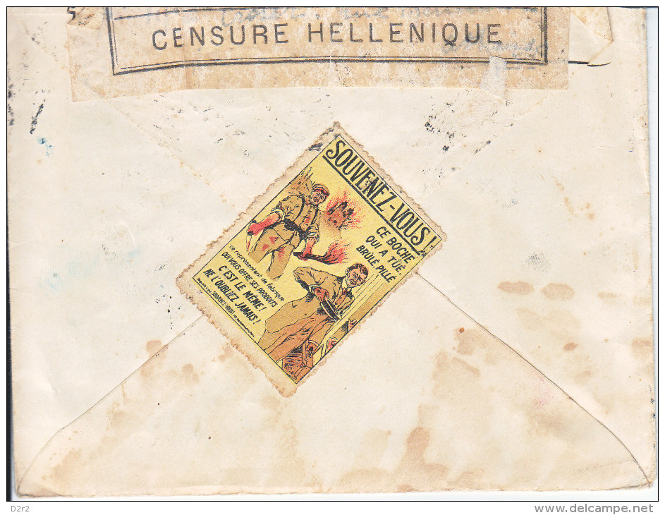 LETTRE CENSUREE -POUR LA SUISSE - VILLY PRES OLLON -  CENSURE HELENIQUE ET RRRR VIGNETTE AU DOS !! - 1919 - Lettres & Documents