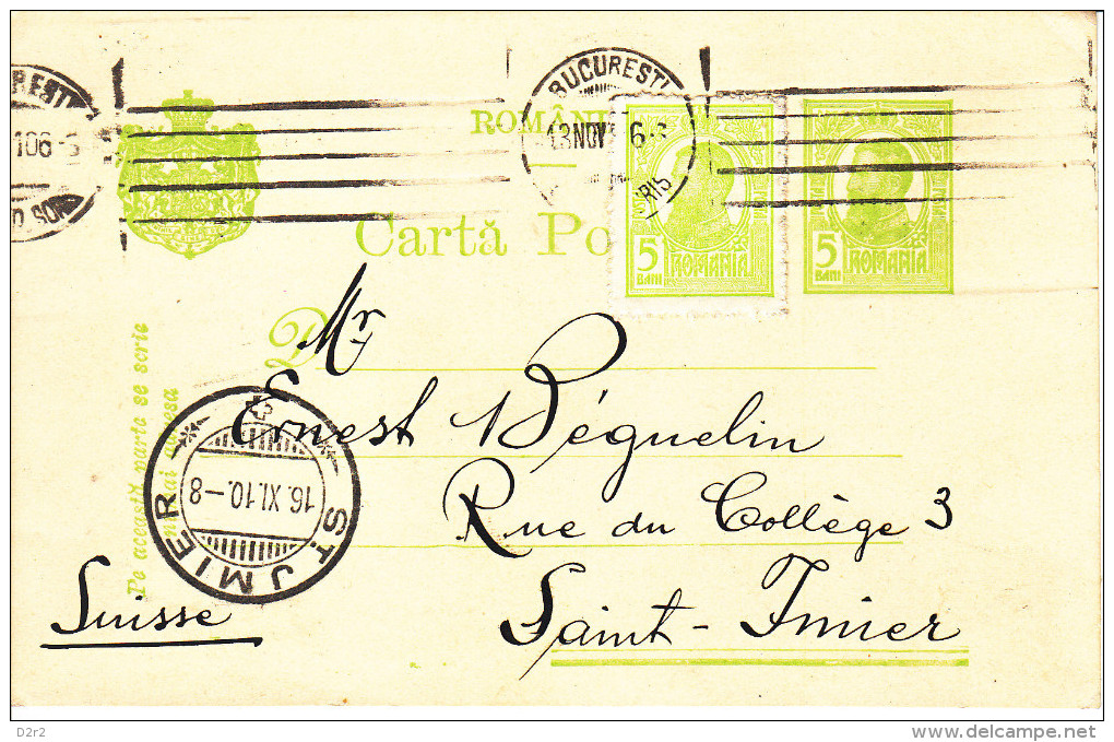 ENTIER - POUR LA SUISSE - ST IMIER - 1910 - VAL COMPLEMENTAIRE - Postal Stationery