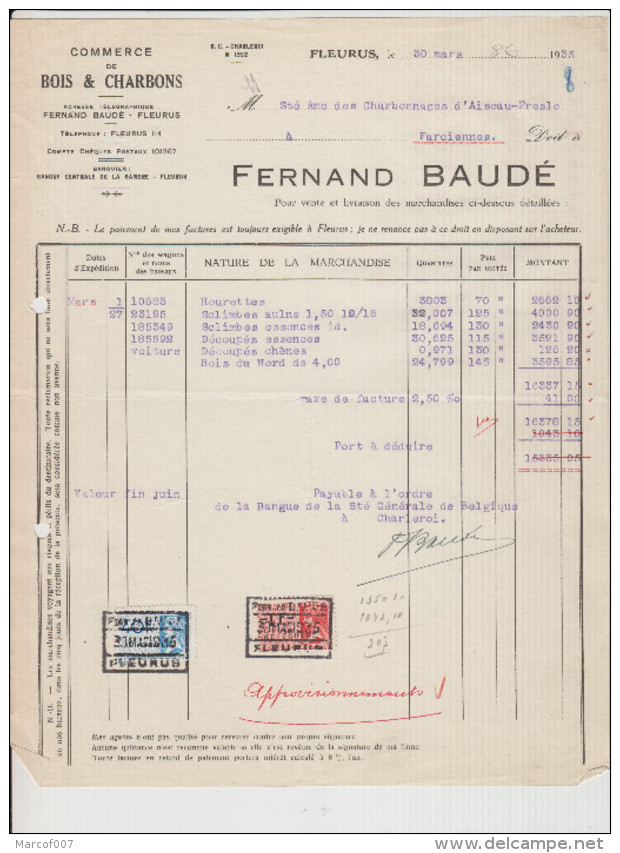 FLEURUS - FERNAND BAUDE - FACTURE BOIS/ CHARBONS - 1935 - Artigianato