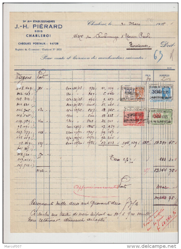 CHARLEROI - J.H PIERARD - FACTURE BOIS- 1935 - Petits Métiers