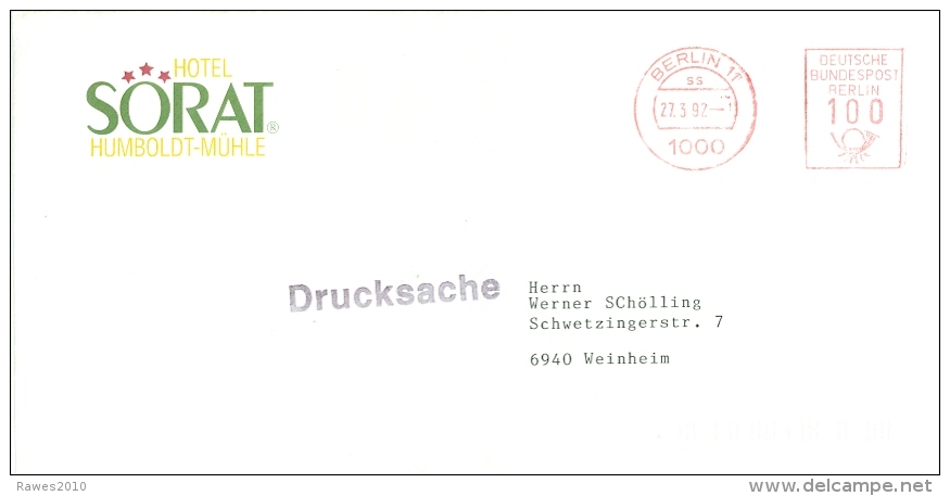 BRD Berlin AFS Berlin West 1992 Drucksache Hotel Sorat Humboldt-Mühle - Franking Machines (EMA)