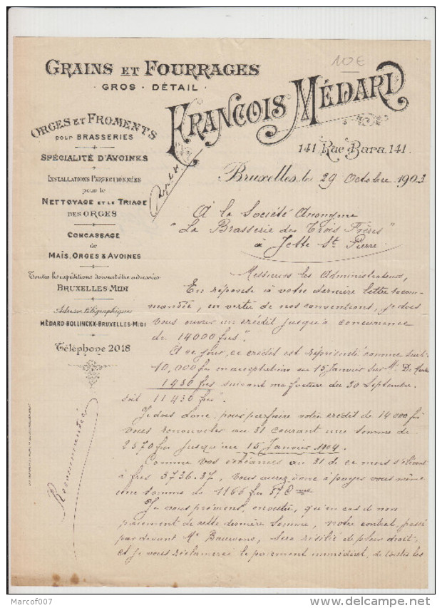BRUXELLES - FRANCOIS MERDARI - FACTURE GRAINS ET FOURRAGES - 1903 - Petits Métiers